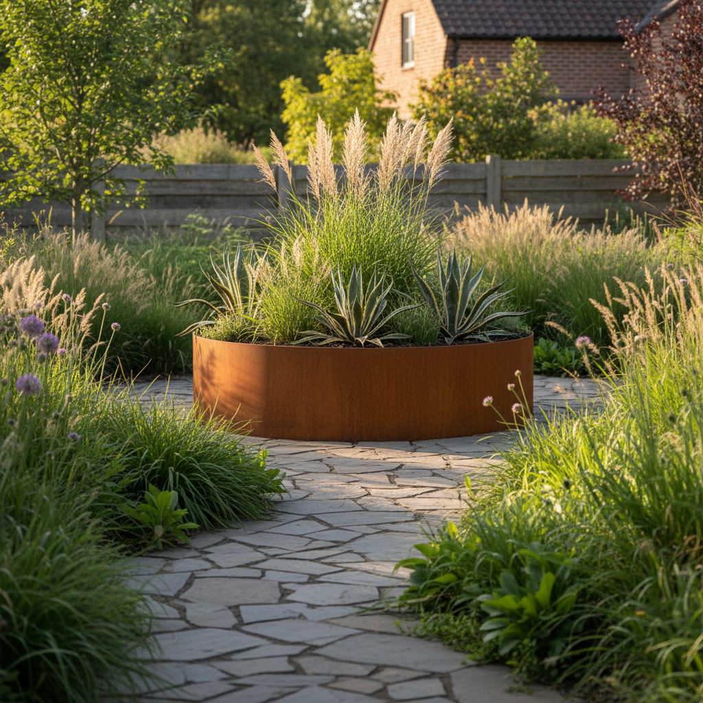 How Much Visual Impact You Trade for Low Maintenance in a Large Corten Steel Planter Garden Focal Point
