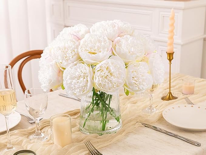 Artificial Peony Flowers, 20 Heads, White Silk-Like Blooms for Home Decor