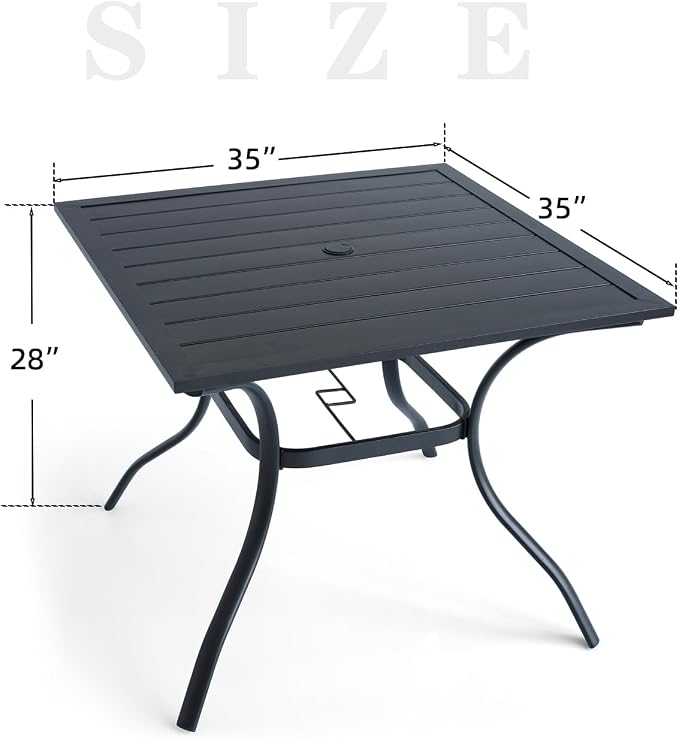 Dining Table, Square Black Steel Patio Table with Umbrella Hole
