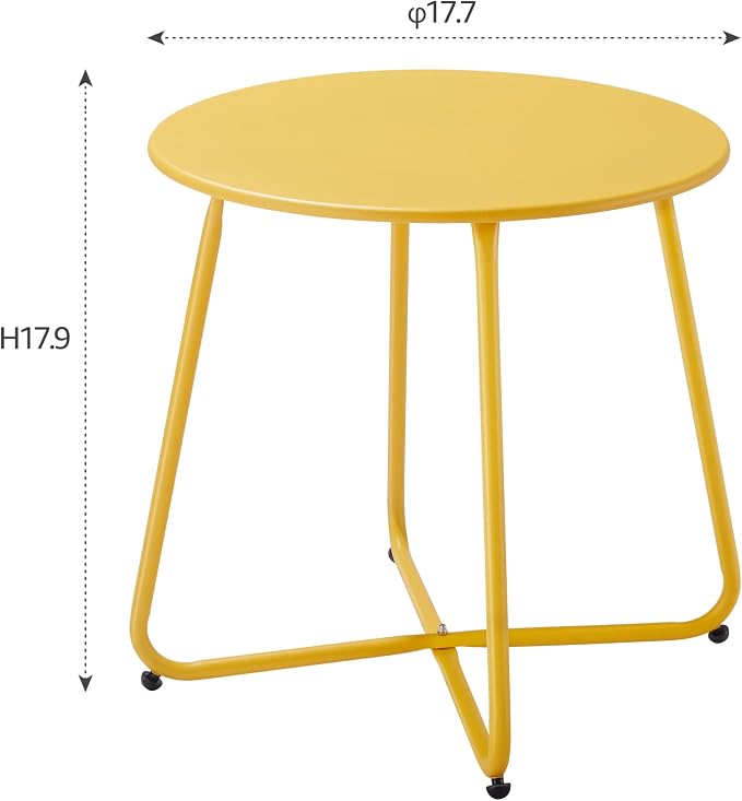 Side Table, Round Steel Outdoor End Table, 17.7 Inch, Yellow