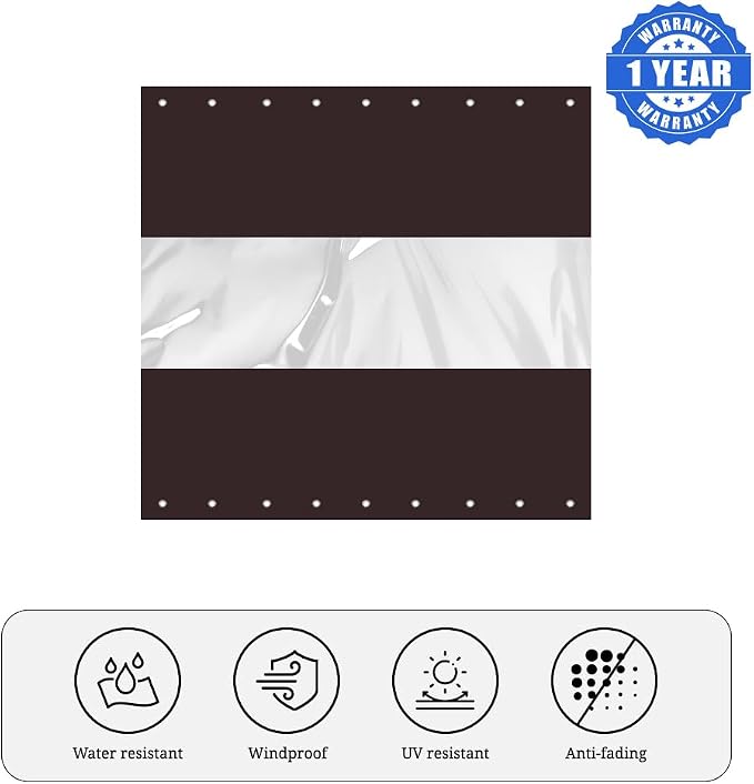 Outdoor Curtains with Clear Vinyl Panel, 8 ft x 12 ft, Coffee, Waterproof