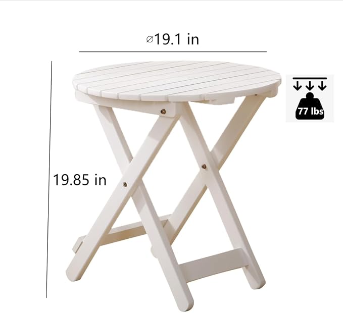 Side Table, Small Round Folding Wooden Patio End Table, White