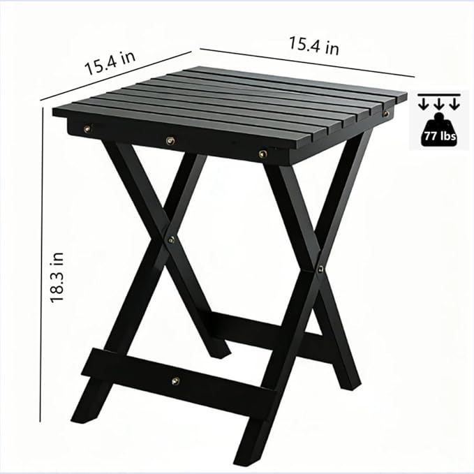 Side Table, Foldable Solid Wood, Black, 15.4 Inch Square