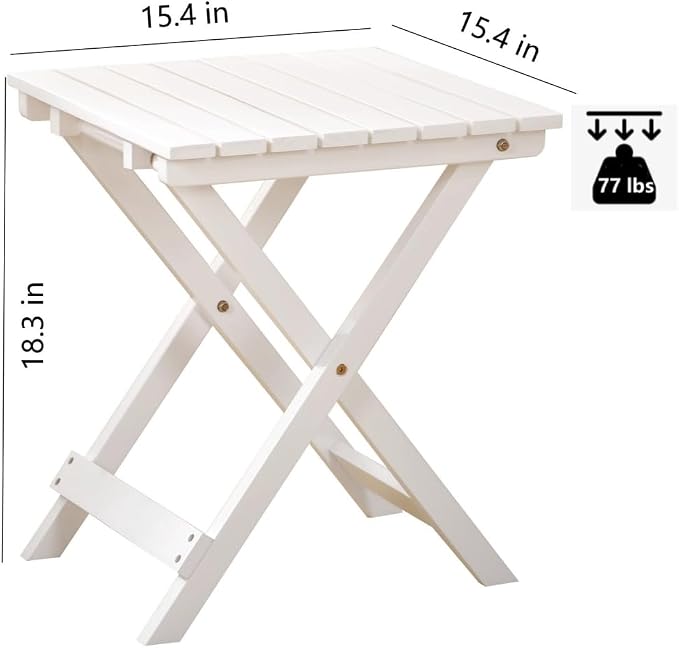 Side Table, Folding Solid Wood Patio End Table, 15.4-Inch Square, White