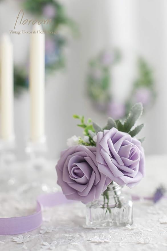 Artificial Rose Flowers, 25 Pack Lavender Ombre PE Foam with Wire Stems
