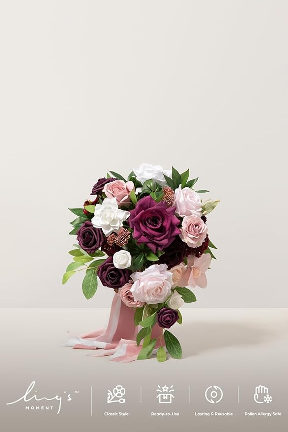 Artificial Flowers Cascading Bridal Bouquet, Marsala and Blush Silk Roses