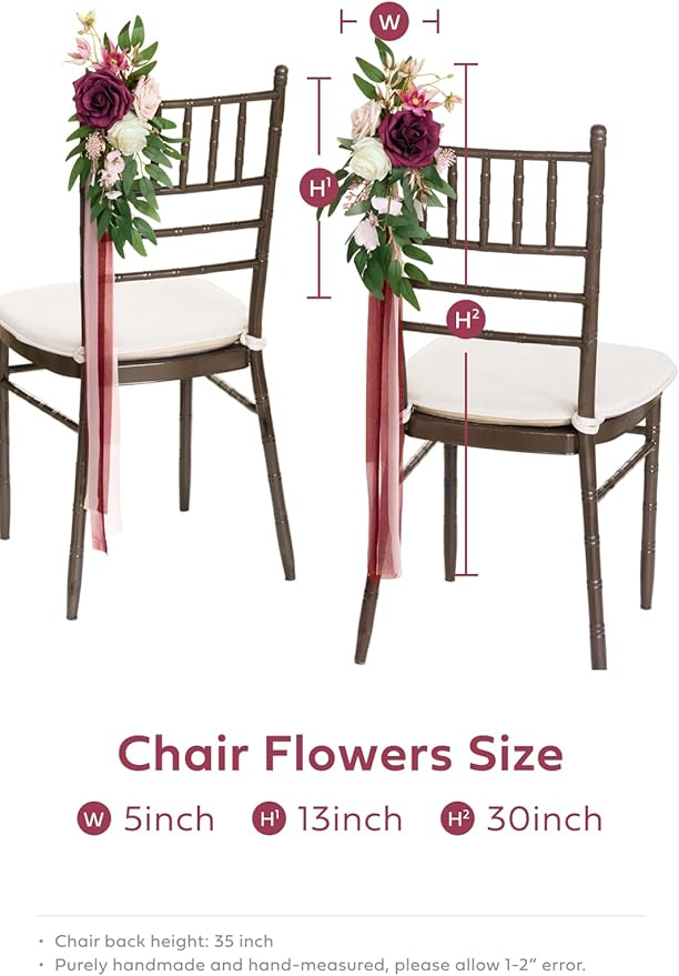 Artificial Rose Aisle Pew Flowers, 8 Pcs Marsala Blush Wedding Chair Decor