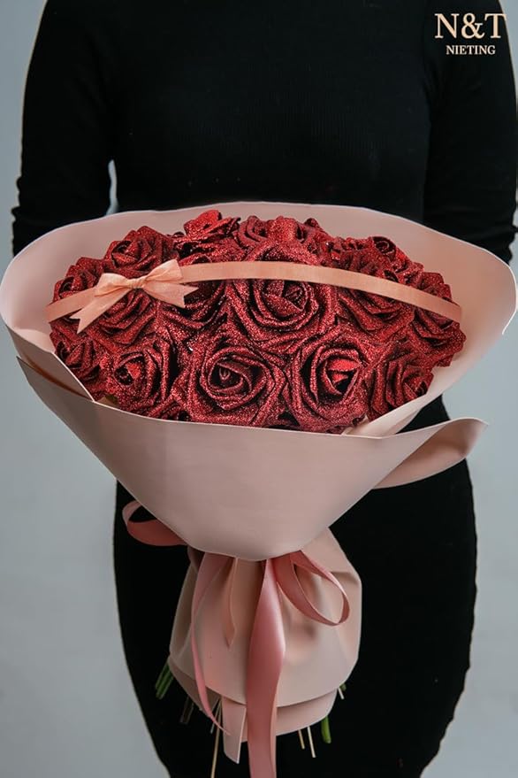 Artificial Flowers: Glitter Red Foam Roses, 3-Inch Heads, 8.2-Inch Stems