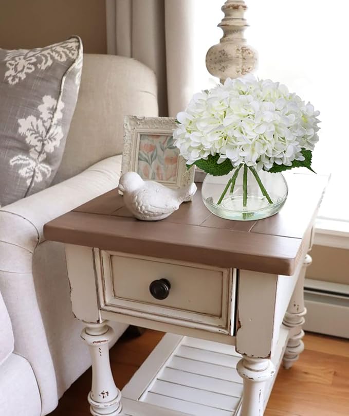 Artificial Hydrangea Flowers in Glass Vase, White Silk, 4 Heads