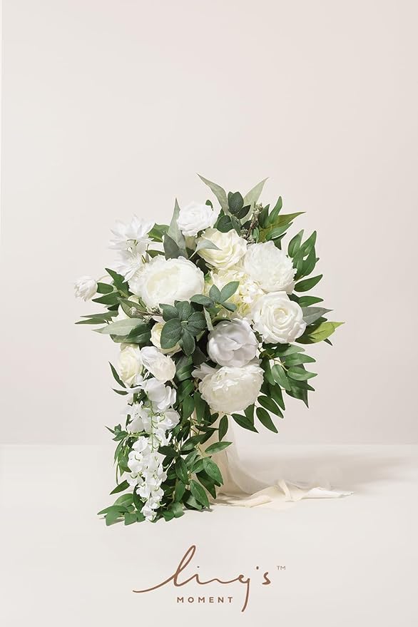 Artificial Flowers Bridal Bouquet, Ivory Silk Cascade with Pearls, 15in
