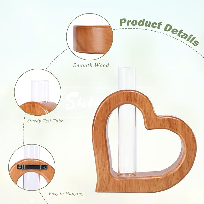 Terrarium Wall Planter, 2-Piece Heart-Shaped Pine Stand with Glass Tube