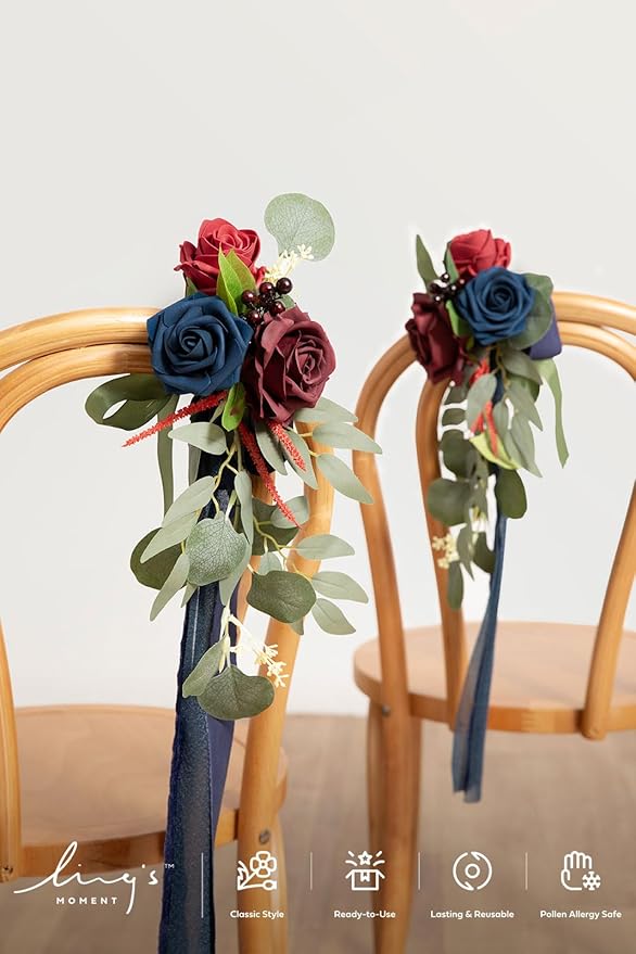 Artificial Flowers Wedding Aisle Pew Markers, 8 Pack, Burgundy and Navy