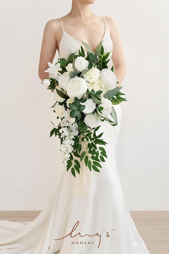 Artificial Flowers Bridal Bouquet, Ivory Silk Cascade with Pearls, 15in