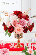 Artificial Flowers Set Red and Pink Silk Roses Dahlias with Wired Stems