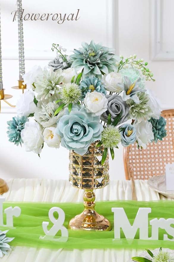 Artificial Flower Set in Teal Blue, Silk Roses, Dahlias and Peonies
