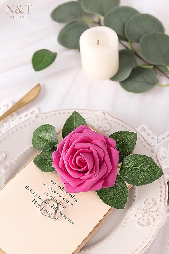 Artificial Flowers Hot Pink Foam Roses with Wire Stems, 50 Pcs