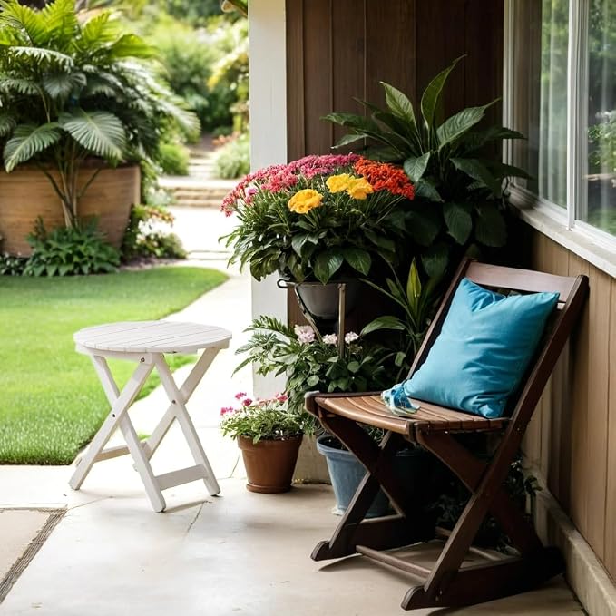 Outdoor Small Round Folding Side Table, Foldable Wooden End Tables - Image 4