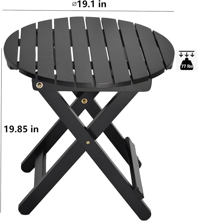 Side Table, Foldable Round Wooden Outdoor End Table in Black