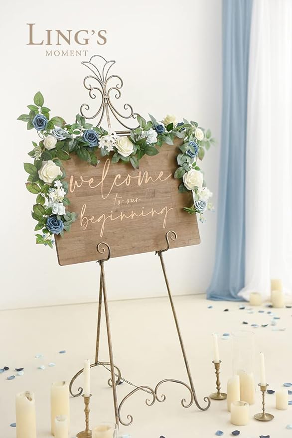 Artificial Flower Garland, 5 Ft Dusty Blue Rose Vine with Leaves
