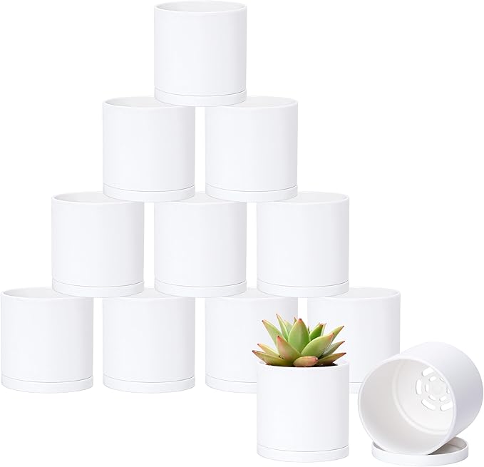 Planters: 12 Pack of 3.5 Inch Matte White Plastic Pots with Saucers