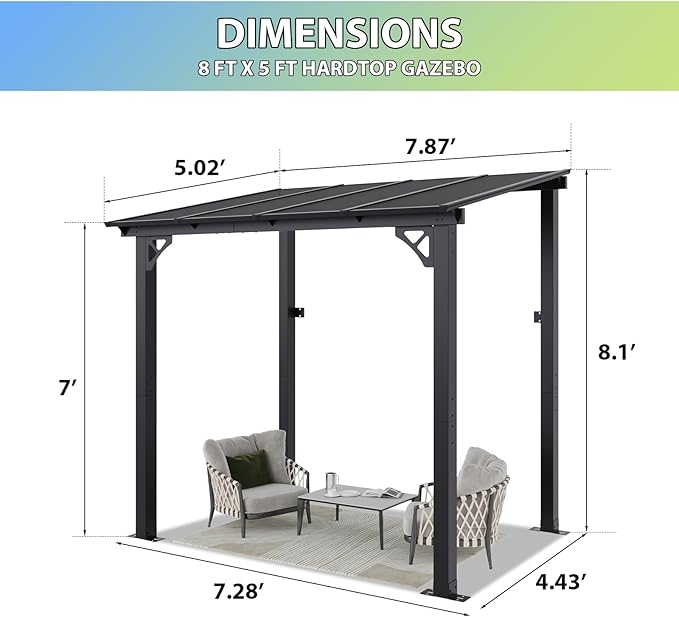 Pergola with Aluminum Frame, UV-Blocking Polycarbonate Roof, 95 x 62 Inch