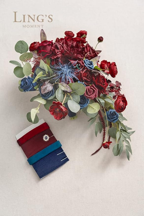 Artificial Flowers Cascading Bridal Bouquet, Burgundy Navy Blue, 15in