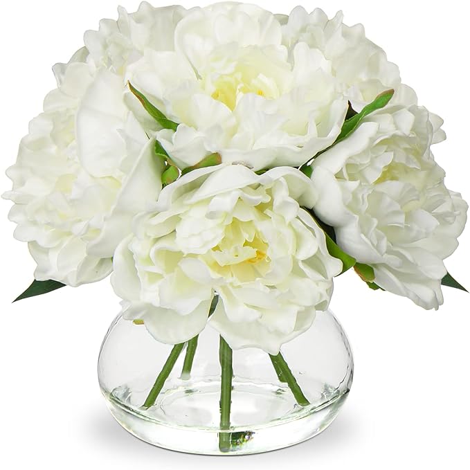 Artificial Peony Flower Arrangement with Glass Vase, White Silk
