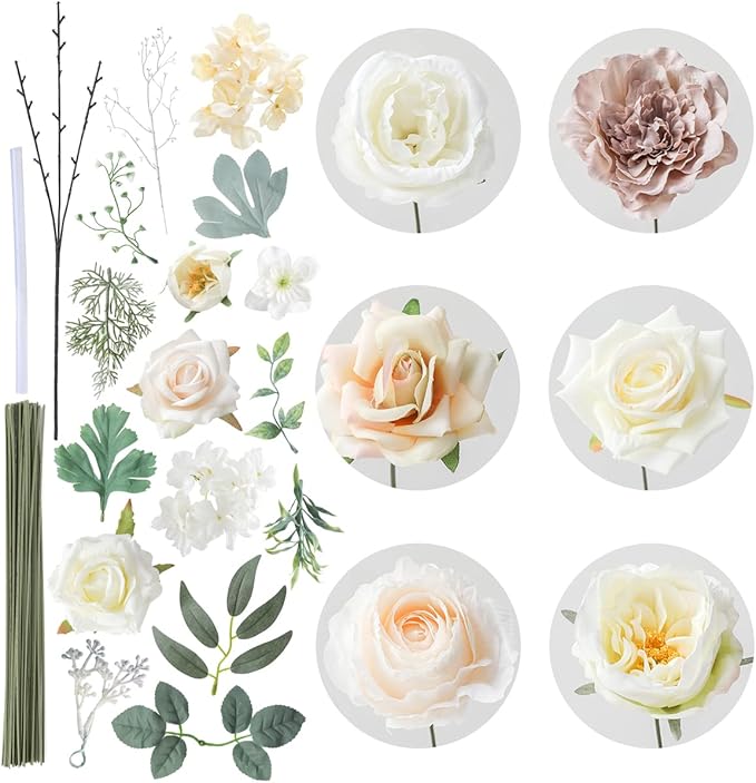 Artificial Flowers Set White Silk Mix, 18 Pieces with 30 Plastic Stems