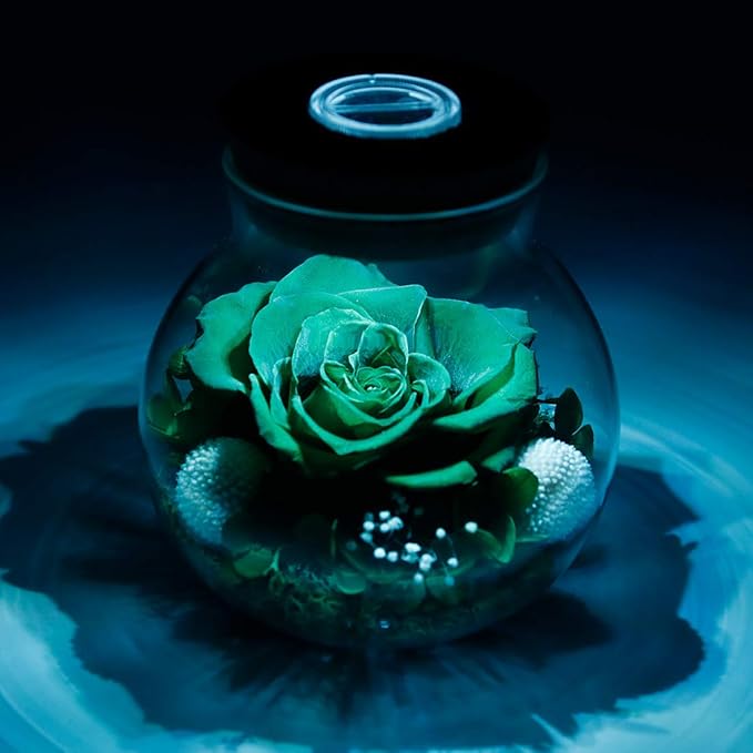 Artificial Preserved Rose Bottle with Color-Changing LED Light, Green