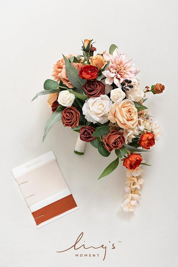 Artificial Flowers Bridal Bouquet, Terracotta Cascade, Silk