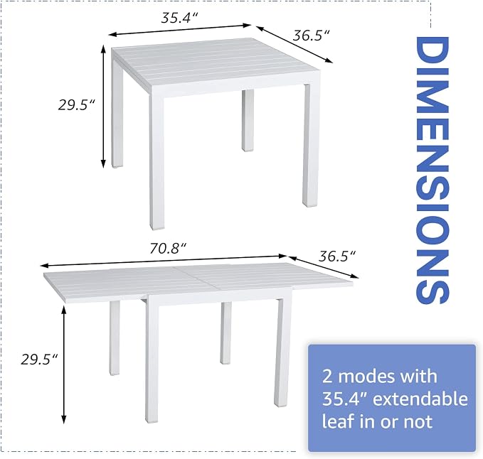 Extendable Aluminum Patio Dining Table, 35-71 in, White, Seats 4-6
