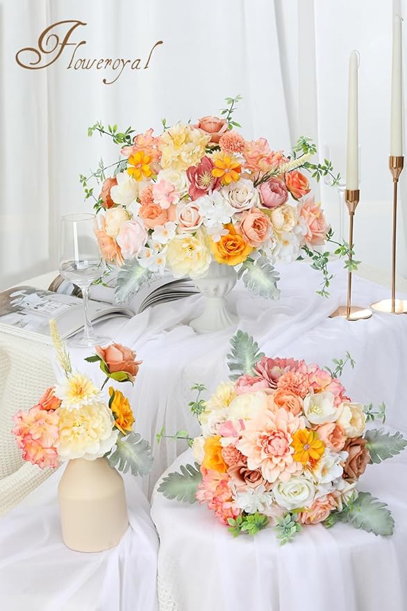 Artificial Flower Set, 26 Pcs Champagne Silk Flowers with Stems