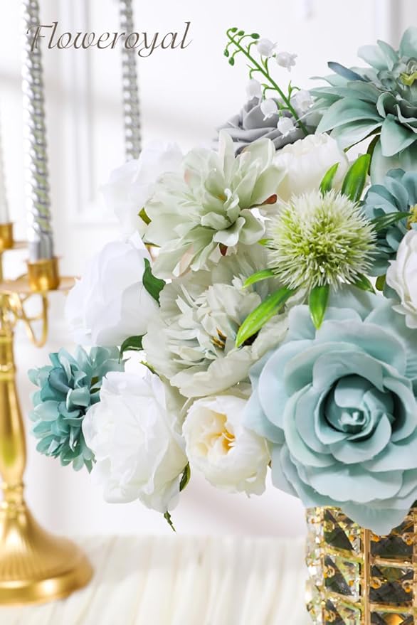 Artificial Flower Set in Teal Blue, Silk Roses, Dahlias and Peonies
