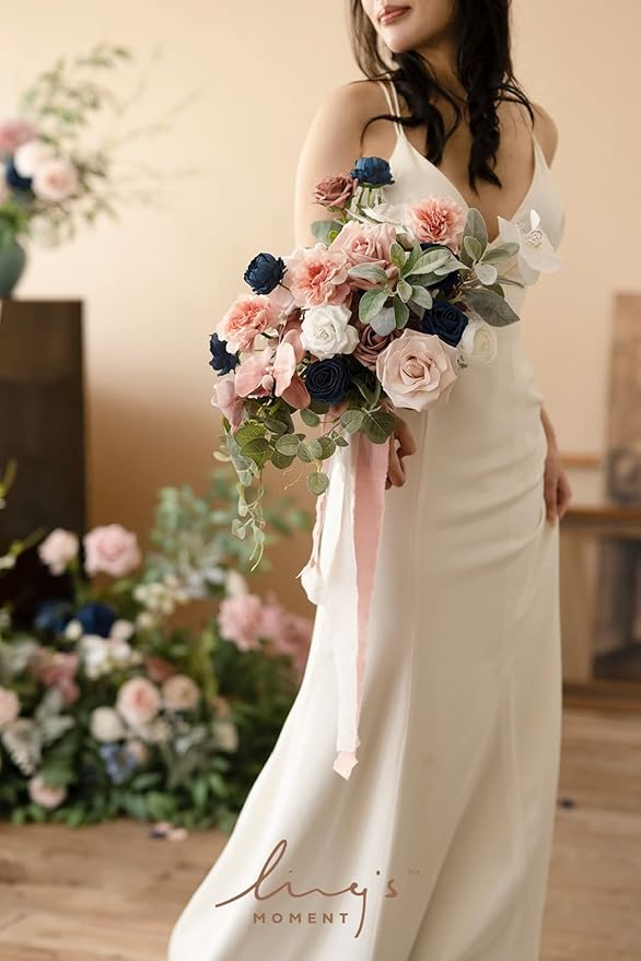 Artificial Flowers Bridal Bouquet, Dusty Rose and Navy Blue Cascade, 15 Inch