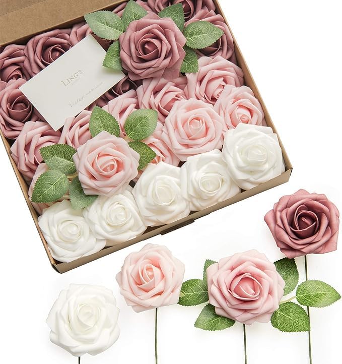 Artificial Flowers, 25 Pcs Foam Roses with 8-Inch Stems, Dusty Rose Shades