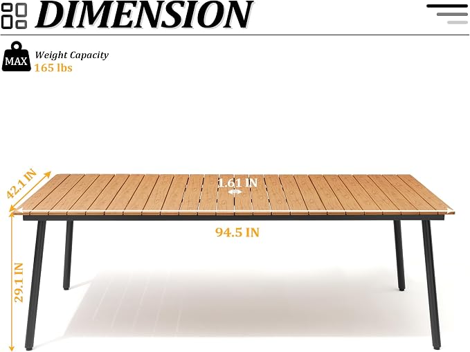 95" Patio Outdoor Dining Table for 8-10, Weather-Resistant Wood-Grain Top - Image 3