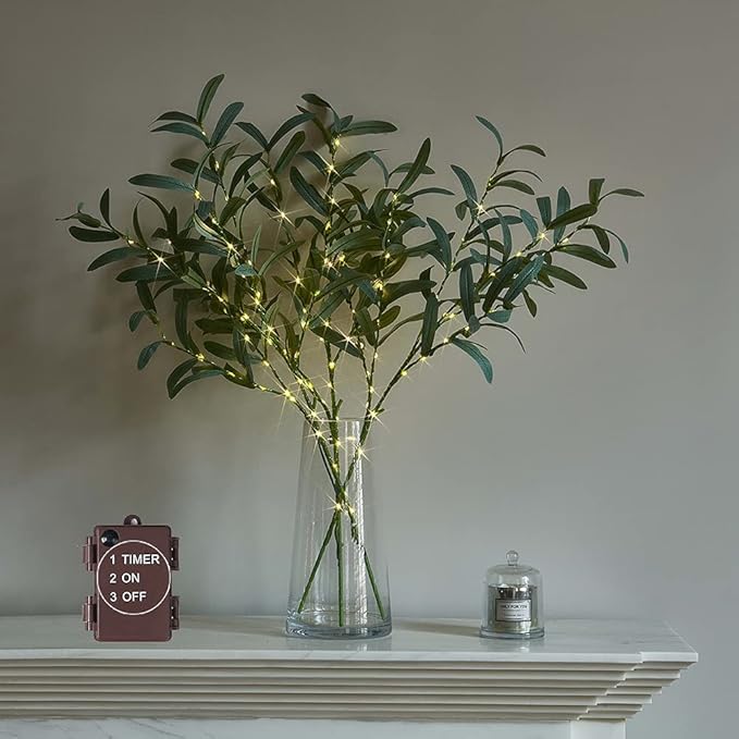 Artificial Olive Branch Greenery with 72 Warm White LED Fairy Lights, 24-Inch