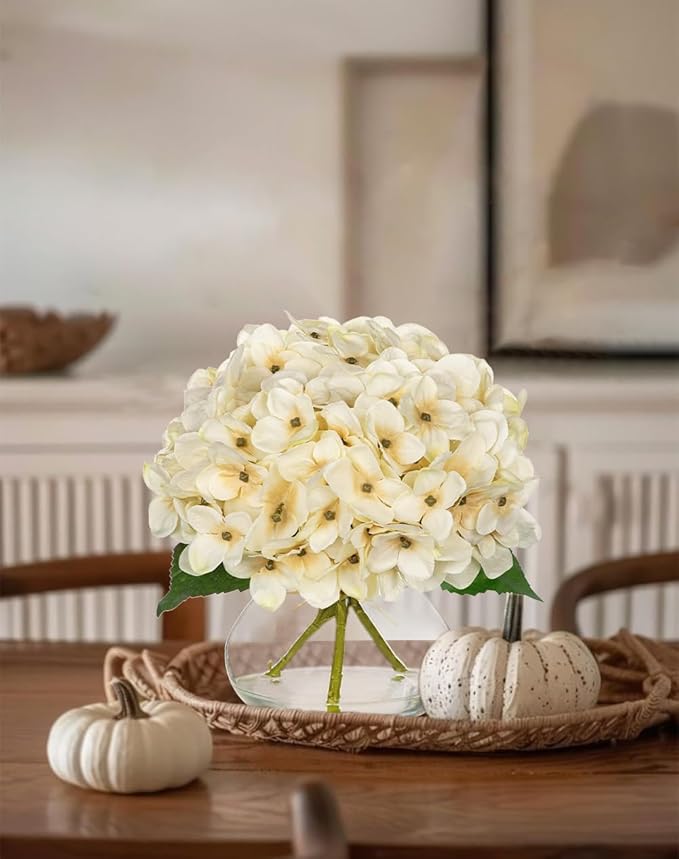 Artificial Hydrangea Flowers with Glass Vase, White Silk Fall Arrangement