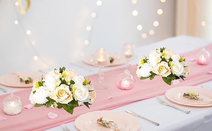 Artificial Flower Balls, Peach Champagne & White Faux Silk Rose Centerpiece