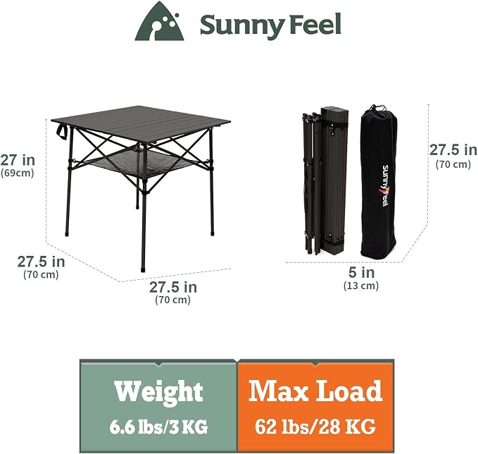 Folding Camp Table, Aluminum Roll-Up Top with Mesh Storage