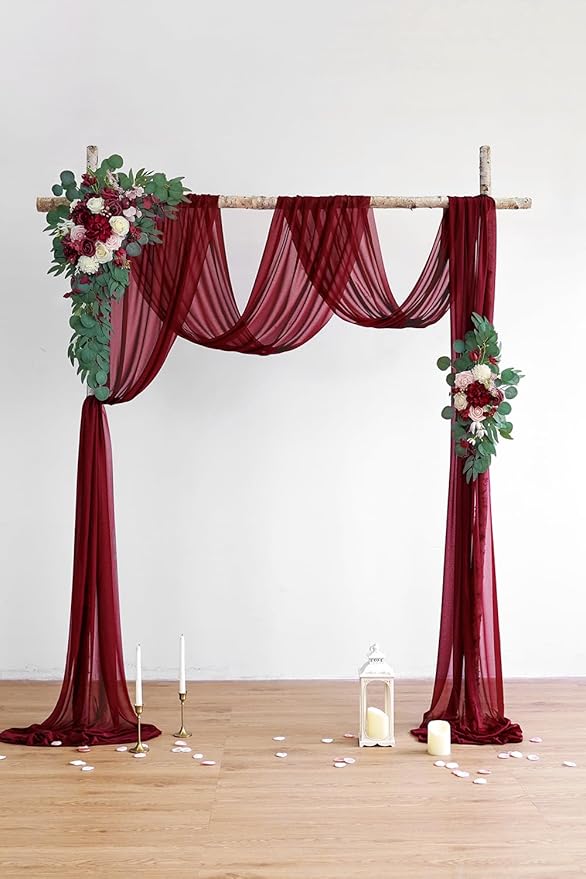 Artificial Flowers Kit, Burgundy Wedding Arch Swag with 26 Ft Draping