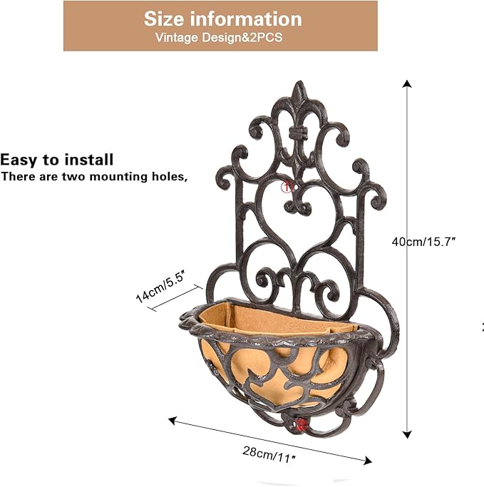 Hanging Planters: Rustic Brown Cast Iron Half Round Wall Baskets, Set of 2