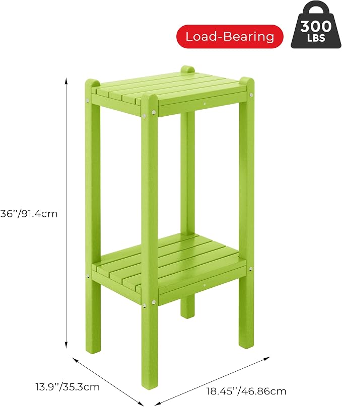 Side Table, 2-Tier Outdoor HDPE End Table in Lime, 36 Inches Tall
