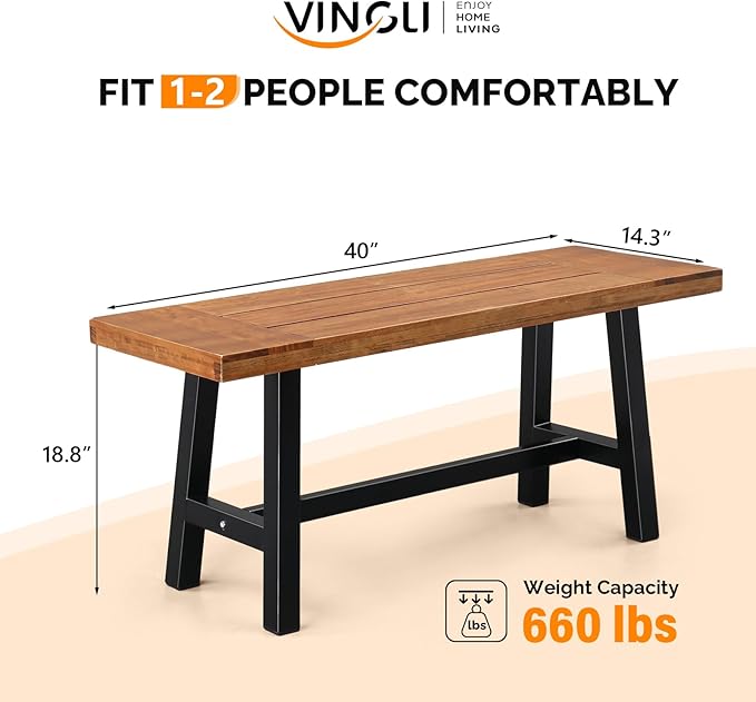 VINGLI Outdoor Bench with Metal Legs Rustic, Wood Dining Bench Indoor Outdoor - Image 3