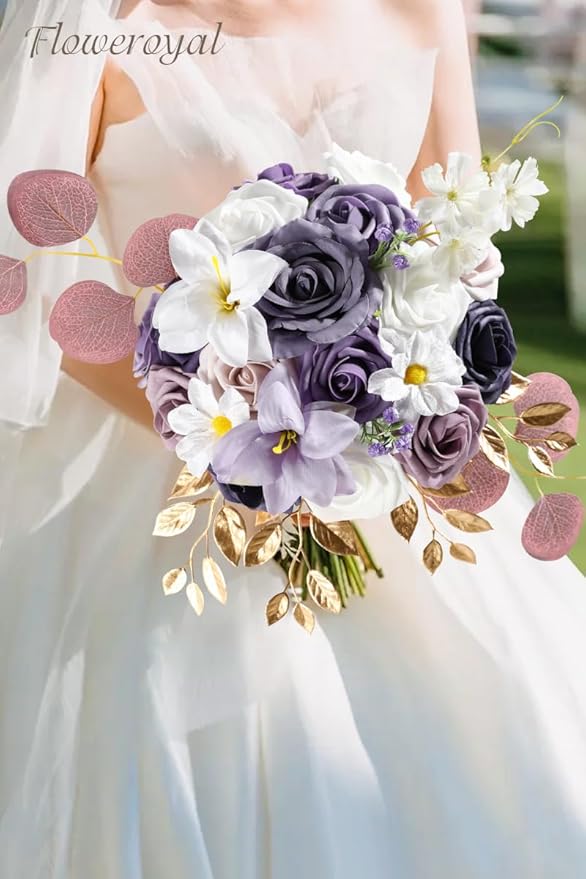 Artificial Flowers, Dark Purple Silk Mix with Roses and Eucalyptus