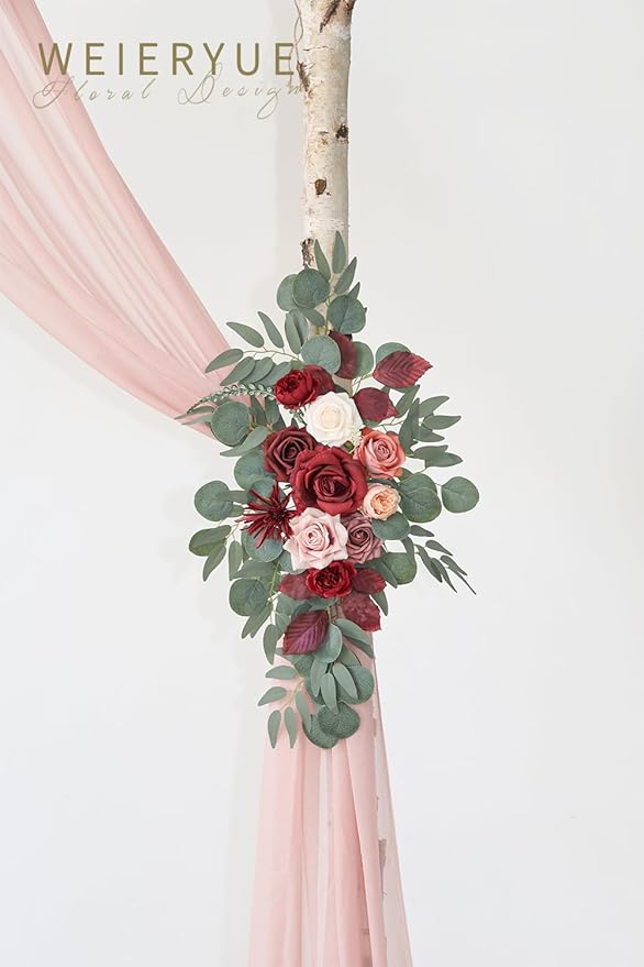 Artificial Flowers Wedding Arch Swag Kit in Cream Red with Chiffon Drape