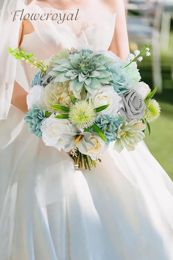 Artificial Flower Set in Teal Blue, Silk Roses, Dahlias and Peonies