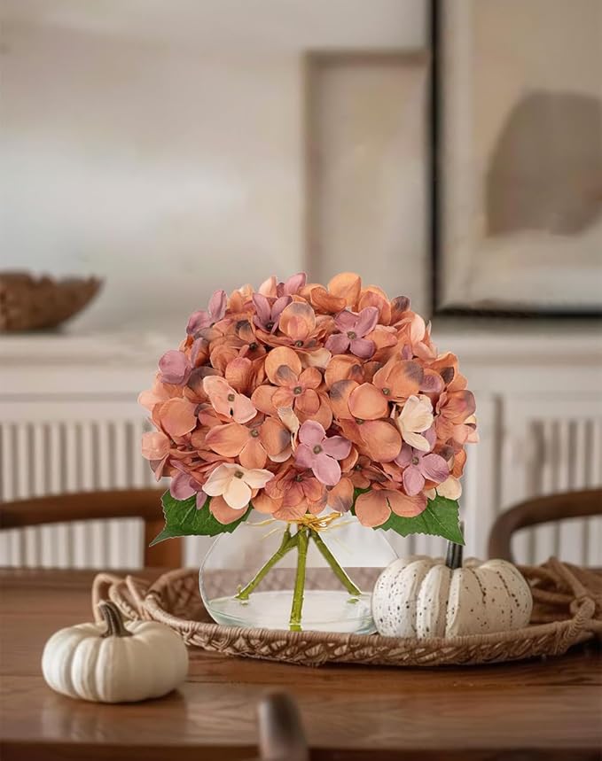 Artificial Hydrangea Flowers with Glass Vase, Dark Peach Silk Arrangement