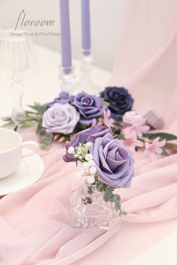 Artificial Rose Flowers, 25 Pack Lavender Ombre PE Foam with Wire Stems