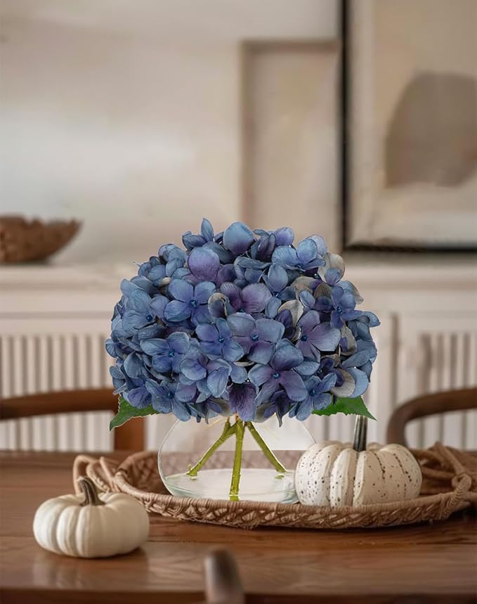 Artificial Flowers: Dark Blue Silk Hydrangea Arrangement with Glass Vase